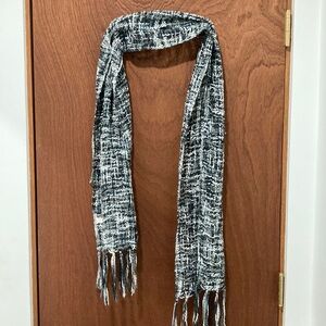 Chic Black, Blue, Grey and White Fringed Woven Scarf